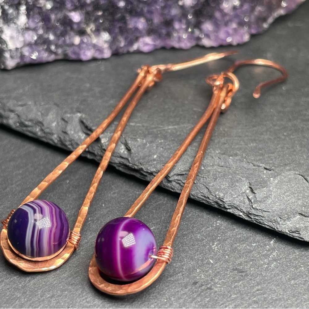 Purple Crazy Laced Agate Hammered Copper Dangle Earrings - Picture 2 of 11